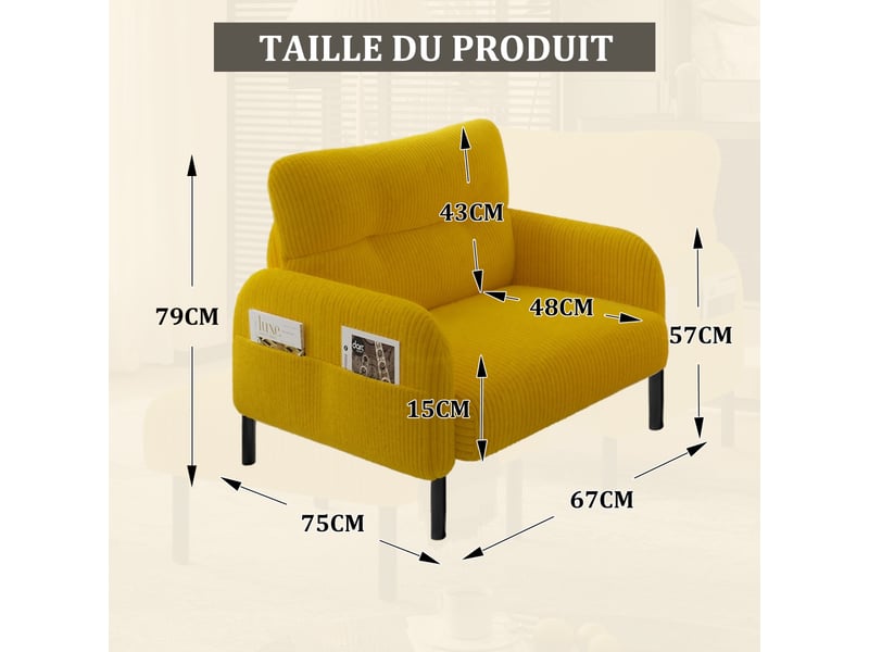  Fauteuil d'accent 67x75x79cm – fauteuil lounge individuel contemporain avec assise profonde et poches latérales double face – velours côtelé - jaune  - Conforama C