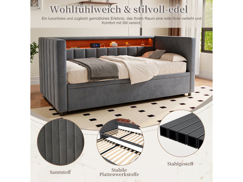  Lit gigogne enfant 90x190 cm canapé-lit avec led et rangement, velours, gris foncé, sans matelas  - Conforama E