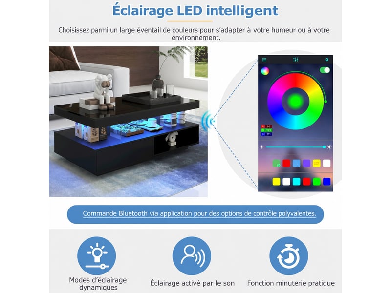  Table basse salon 95x50x42,5 cm avec éclairage led et 2 tiroirs, table de salon élégante avec espace de rangement, noir  - Conforama E