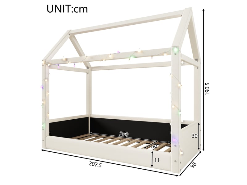  Lit cabane enfant 90x200 cm design minimaliste moderne, led multicolore, structure mdf recouvert lin, beige sans matelas  - Conforama C
