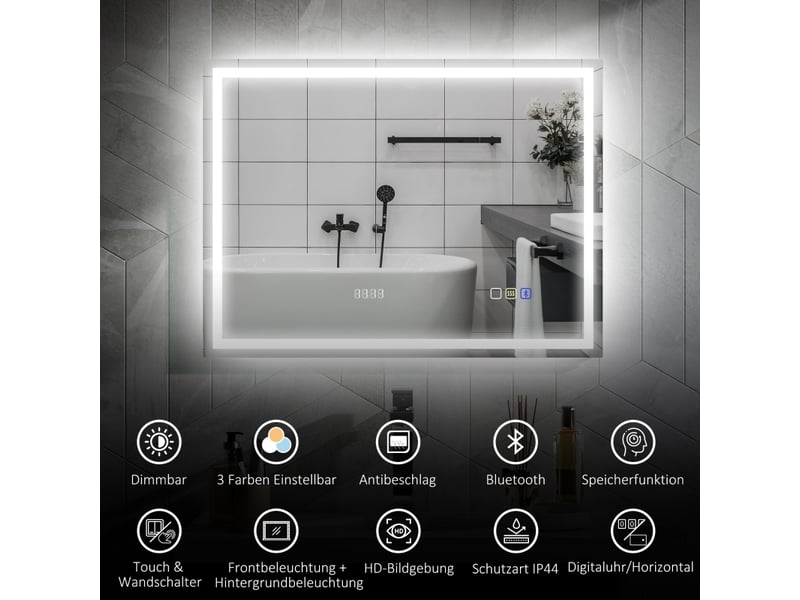 Miroir de salle de bain led 80x60 cm, miroir mural avec enceinte bluetooth et horloge, anti-buée, 3 couleurs réglables, ip44, argent - Conforama D