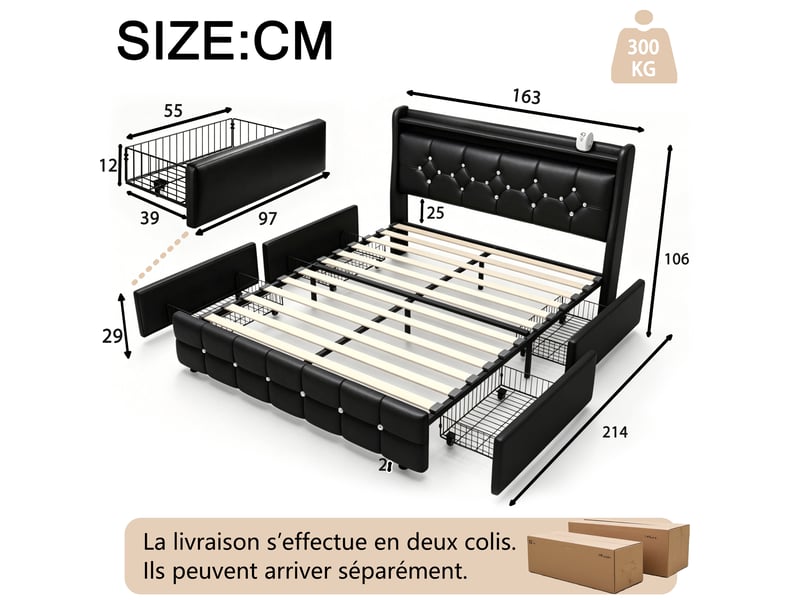  Lit 160x200 cm noir avec 4 tiroirs rangement, led, ports usb+type-c sans matelas EBD859Q-BK - Conforama D