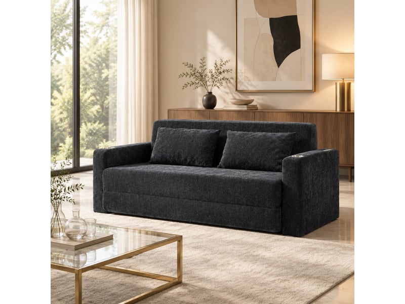  Canapé-lit convertible 2 places modenvie en tissu chenillé noir et gris avec usb, porte-gobelets et poches latérales 153 x 77 x 65 cm  - Conforama D