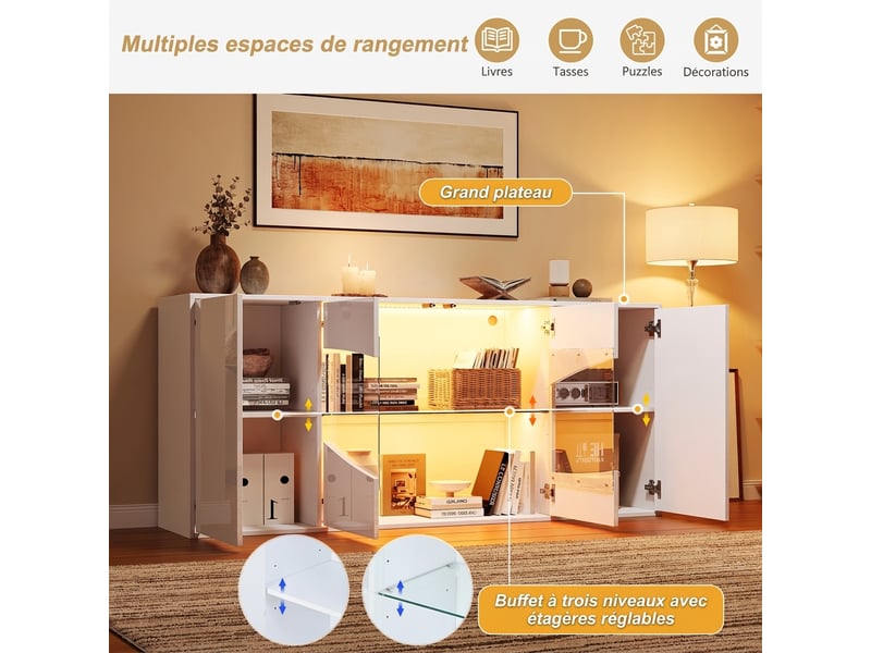  Buffet blanc laqué 160 cm avec éclairage led rgb, 4 portes dont 2 vitrées, 6 compartiments  - Conforama E