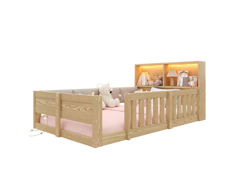 Lit jeune simple 90x200 cm équipé de rangement, led et barrière, aspect naturel - Conforama A