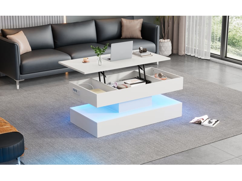  Table basse relevable avec led et rangement caché, table de salon blanche 100x50x42 cm, prises intégrées  - Conforama E