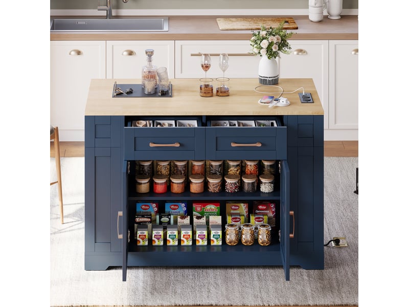 Îlot de cuisine mobile 120x40(65)x92 cm bleu et naturel avec tablette rabattable - Conforama D