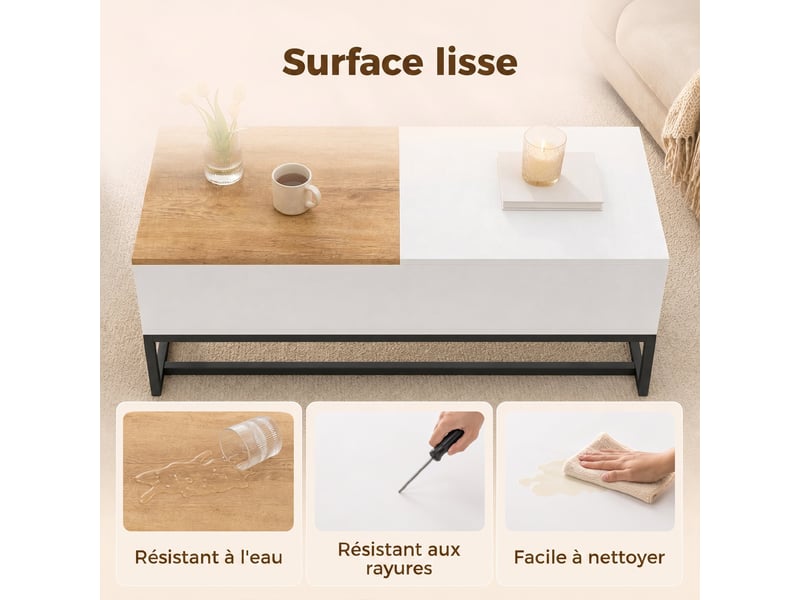  Table basse extensible avec plateau coulissant, blanc, table de salon avec rangement caché et pieds en acier  - Conforama W
