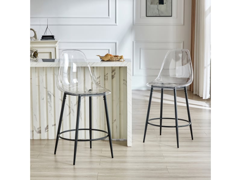  Ensemble de 2 tabourets transparents au design flottant – pieds noirs en métal, cuisine ouverte, luxe minimaliste  - Conforama B