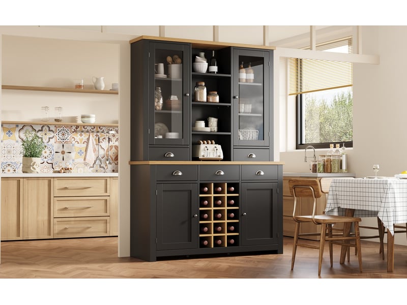  Buffet haut polyvalent avec porte en verre, fermeture soft-close, range-bouteilles amovible, noir  - Conforama D