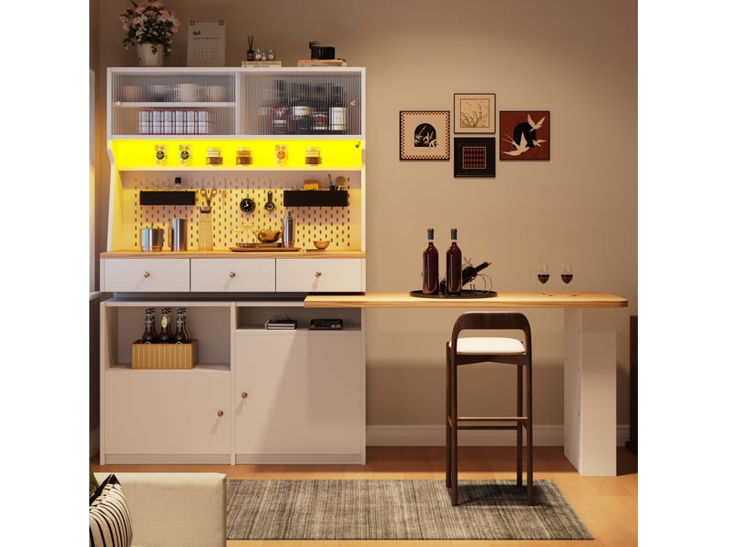  Buffet de cuisine modenvie 137 x 45 x 178 cm blanc avec led, 2 portes, 3 tiroirs, tablette extensible, mdf et métal  - Conforama B