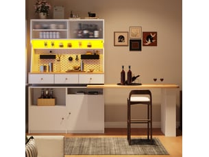 Buffet de cuisine modenvie 137 x 45 x 178 cm blanc avec led, 2 portes, 3 tiroirs, tablette extensible, mdf et métal