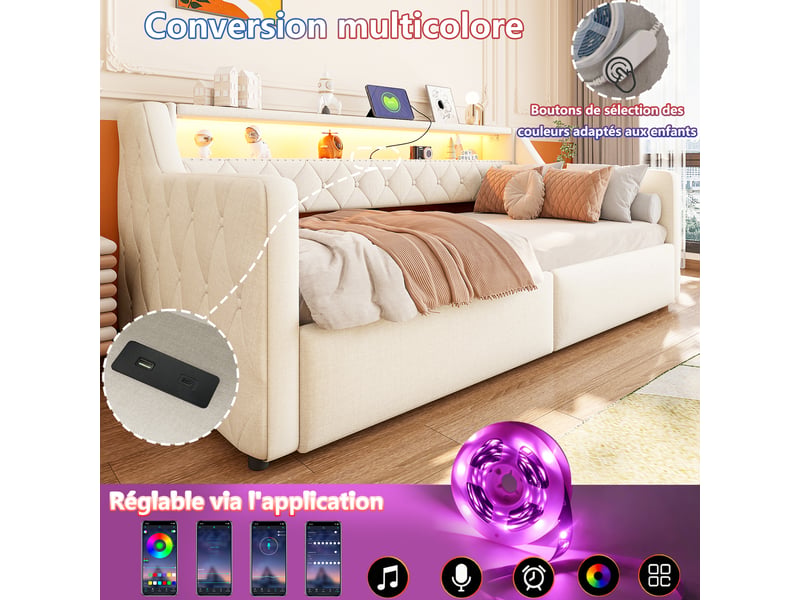 Lit coffre hydraulique 90x200 cm avec led, usb et usb-c, tissu lin beige, structure mdf, sans matelas - Conforama D