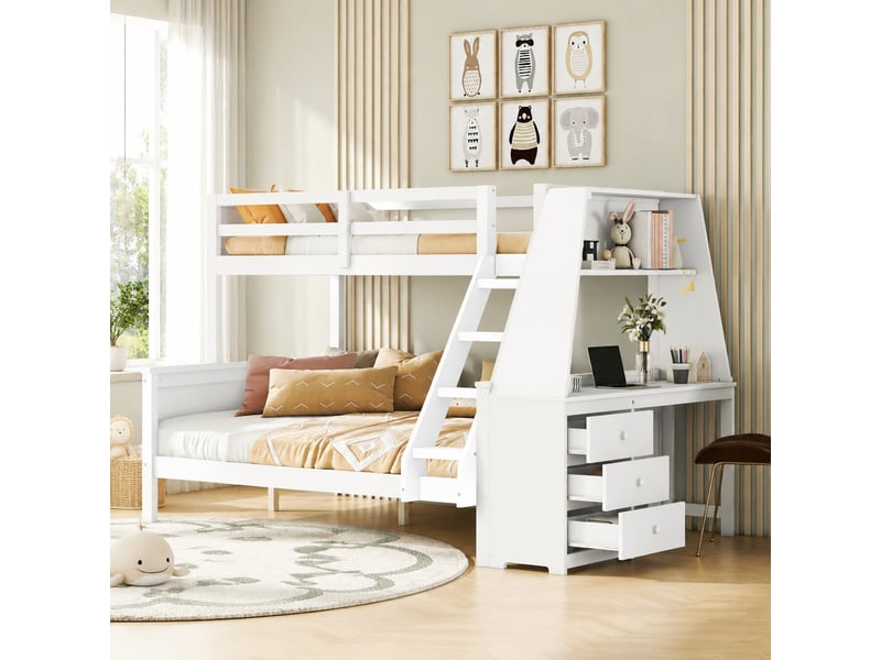  Lit superposé, 140x200 cm, couchage superposé, avec bureau, rangements, matelas non inclus, bois et mdf, coloris blanc  - Conforama B