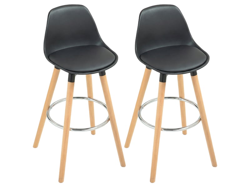  Lot 2 tabourets bar modernes polyuréthane, cuisine hauts, dossier, repose-pieds acier, assise rembourrée 69 cm, pieds bois.  - Conforama A
