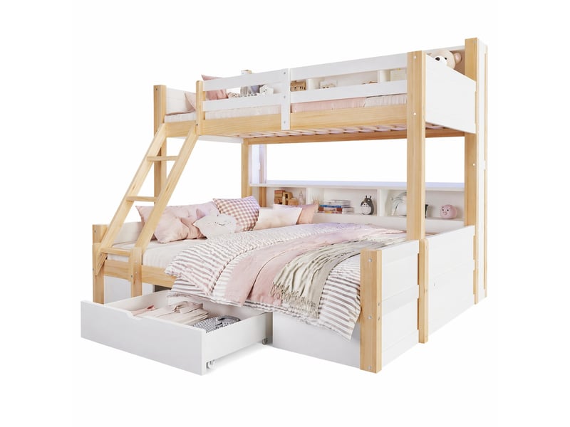 Lit superposé enfant 90 x 200 + 140 x 200 cm avec échelle, rangements et led - Conforama A