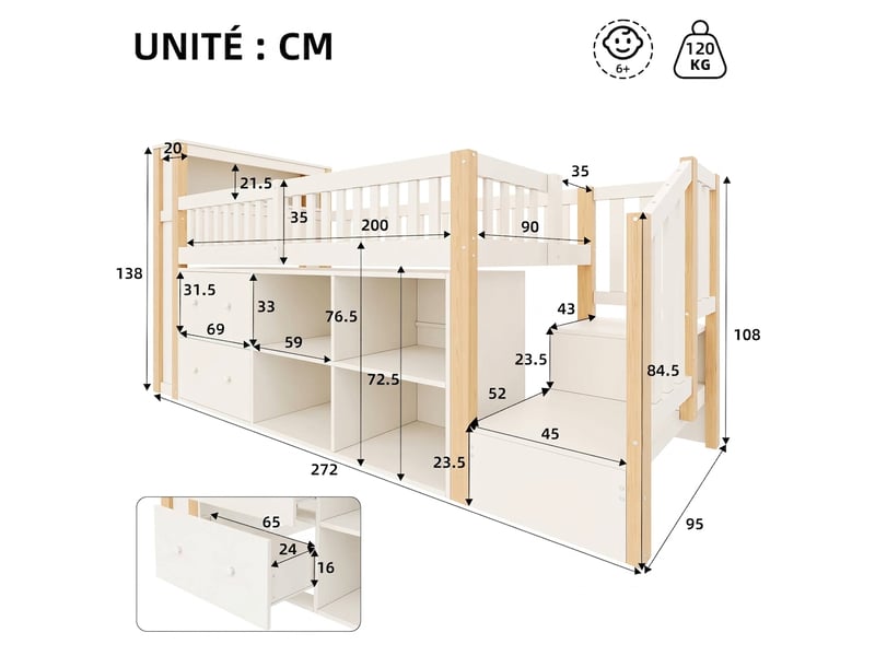  Lit mezzanine 90x200 bois naturel avec rangements, escalier et éclairage led sans matelas  - Conforama C