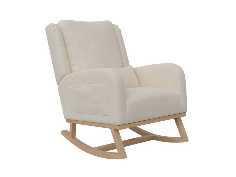  Fauteuil à bascule - 93 x 70 x 96 cm - beige - en tissu lin - chaise à bascule confortable avec coussin lombaire et pieds en bois  - Conforama E