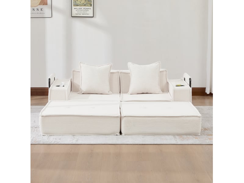  Canapé-lit 2 places modulable en velours côtelé beige avec 2 coussins  - Conforama E