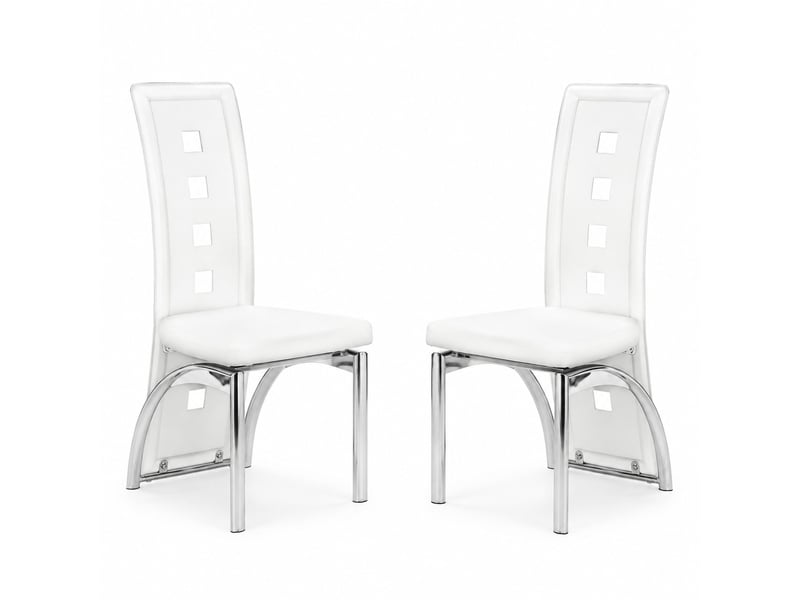  Lot de 2 chaises de salle à manger h102 cm, métal argenté, pu blanc, design moderne, dossier aux lignes géométriques, chaise cuisine  - Conforama A