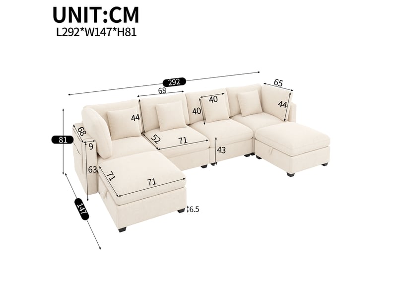  Canapé d’angle modulable avec rangement xl 6 places 292 x 147 x 81 cm grand canapé en l avec méridienne et pouf chenille beige  - Conforama C