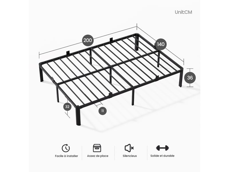  Lit double 140x200 cm, cadre de lit métallique minimaliste avec sommier à lattes, structure renforcée et résistante aux rayures, grand espace de rangement, montage facile, noir  - Conforama E