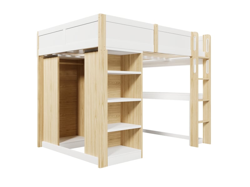  Lit mezzanine (140 x 200 cm) équipé de quatre étagères, d'un bureau en l sous le lit, d'une armoire et de compartiments de rangement supérieurs, coloris blanc et bois naturel.  - Conforama E
