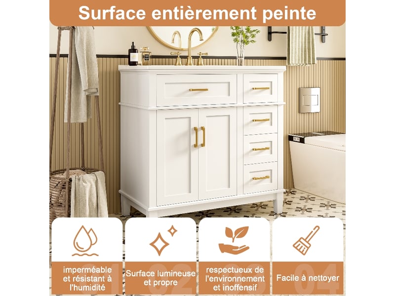  Meuble salle de bain sur pied blanc laqué 90 cm avec vasque en céramique intégrée et poignées dorées  - Conforama D