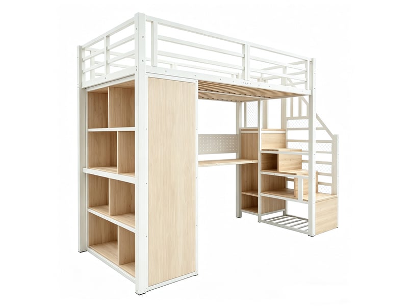Lit mezzanine métal blanc 90x200 cm, bureau, armoire, rangements, prises, panneau perforé et led - Conforama E