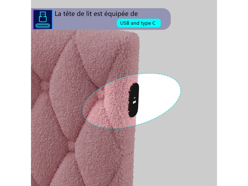  Kefsr lit d'angle 140x200 cm avec éclairage led et ports usbtype-c, lit banquette capitonné en tissu bouclette avec sommier à lattes, lit double, rose  - Conforama E
