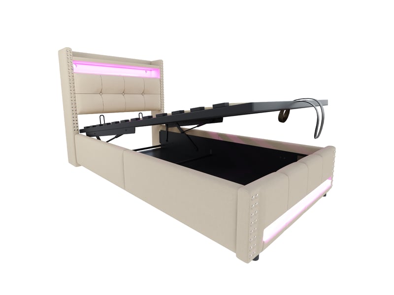 Lit coffre enfant 90x200 cm à relevage hydraulique - led multicolores, usb et tissu de lin beige - Conforama A