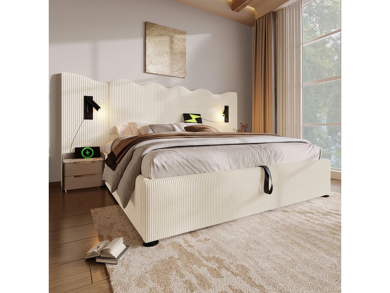  Lit coffre 180x200 avec sommier, liseuse 360°, usb-c, velours côtelé beige-blanc  - Conforama D