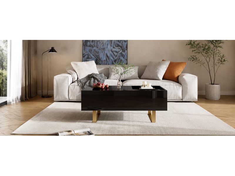 Table basse relevable avec rangement et tiroir - lpospi - plateau hydraulique, pieds en fer doré, mdf noir - Conforama E