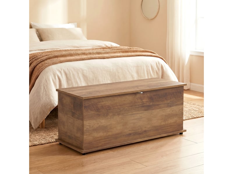 Coffre de rangement, banc de rangement avec couvercle rabattable et charnières de sécurité, marron, 100 x 40 x 40 cm - Conforama D