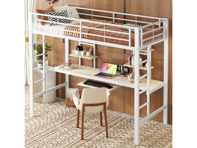  Lit mezzanine métallique 90x200 cm - bureau intégré et 2 étagères - blanc - conforama  - Conforama B