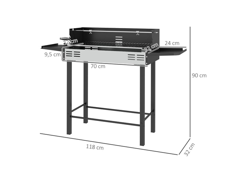  Barbecue à charbon avec rôtissoire, grille trois niveaux et étagères pliables, 118 x 32 x 90 cm  - Conforama E