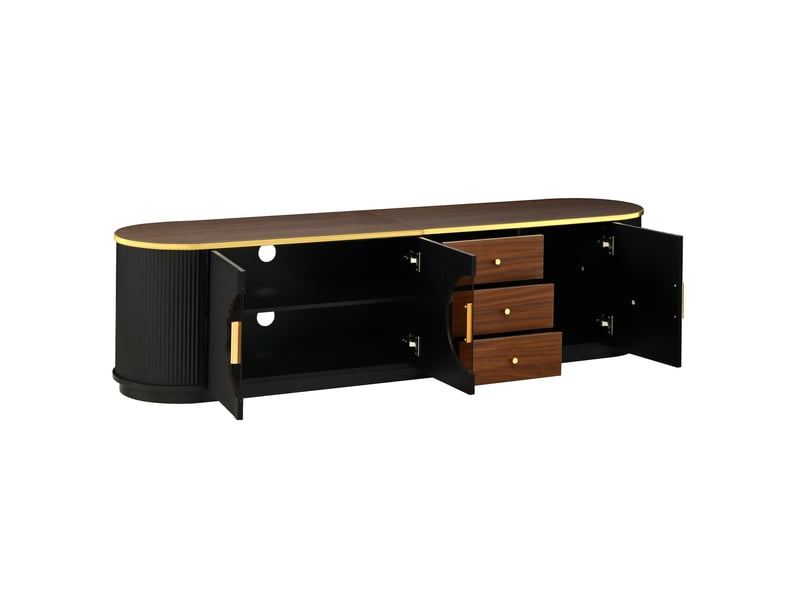  Meuble tv luxe à rainures verticales, verre brun, mdf marron, poignées alu, bords arrondis  - Conforama E