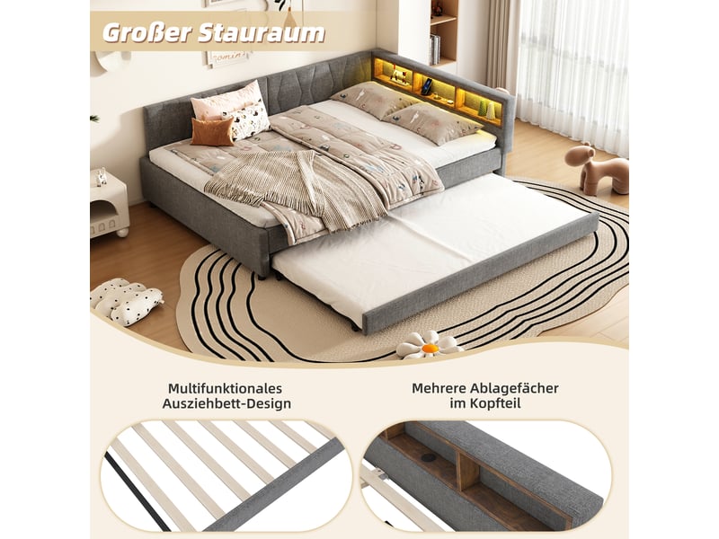  Canapé-lit, lit de repos, lit gigogne 140x200cm, avec ports usb type-c, éclairage led, sans matelas, lin gris  - Conforama E