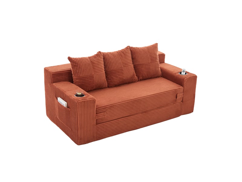 Canapé modulable 3 places 172 x 87 x 64 cm orange en velours côtelé, avec porte-gobelets et poches latérales - Conforama D