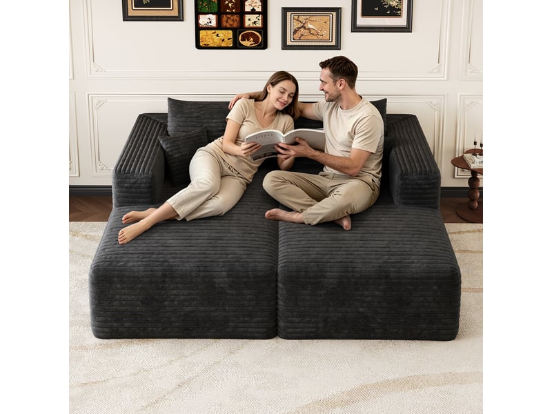  Canapé modulable noir en velours côtelé, méridienne salon sans armature, canapé-lit moderne 180x151cm  - Conforama E