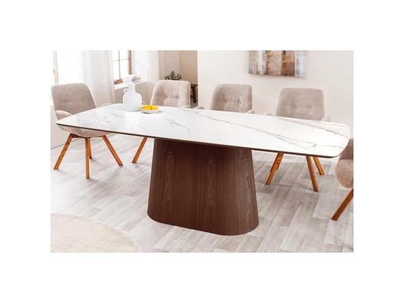  Table rectangulaire lumea – 200 cm – plateau céramique effet marbre blanc et pied plaqué noyer – style contemporain  - Conforama C