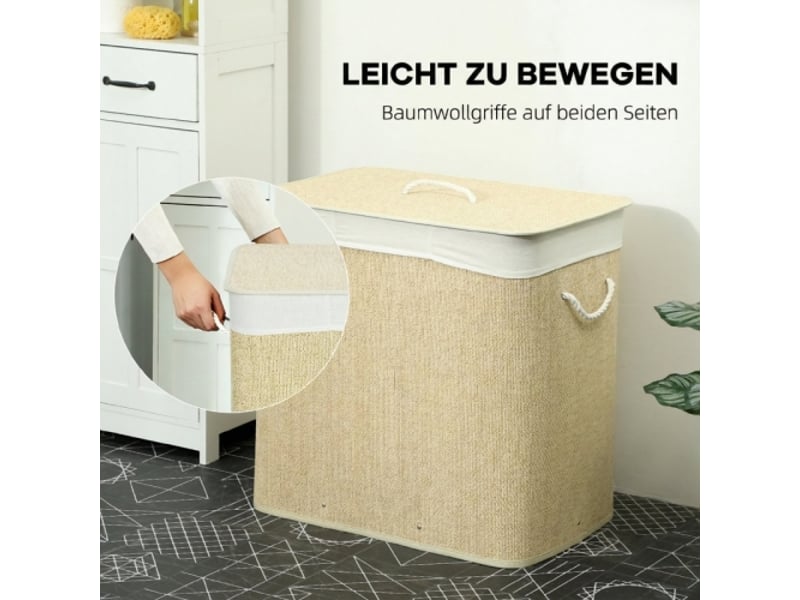  Panier à linge en bambou 144 l avec couvercle, 3 compartiments, poignées en corde et sac amovible  - Conforama D
