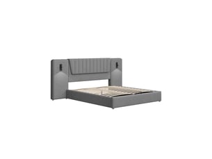 Lit coffre 180x200 cm velours gris avec tête haute, éclairage orientable et port usb, sans matelas