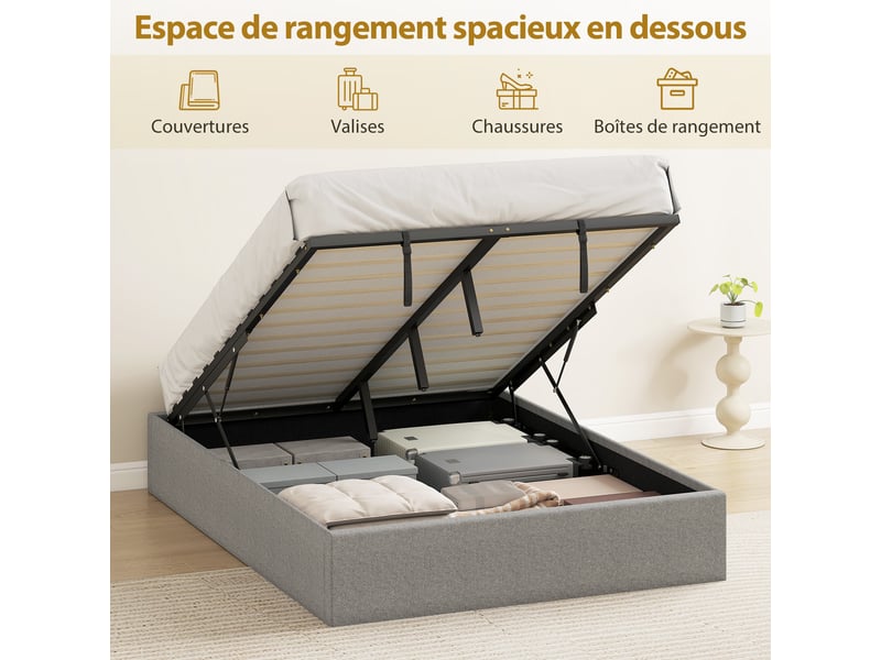  Lit coffre 140 x 190 cm, cadre de lit double rembourré, sommier à lattes en bois, rangement caché, sans bruit, gris  - Conforama D