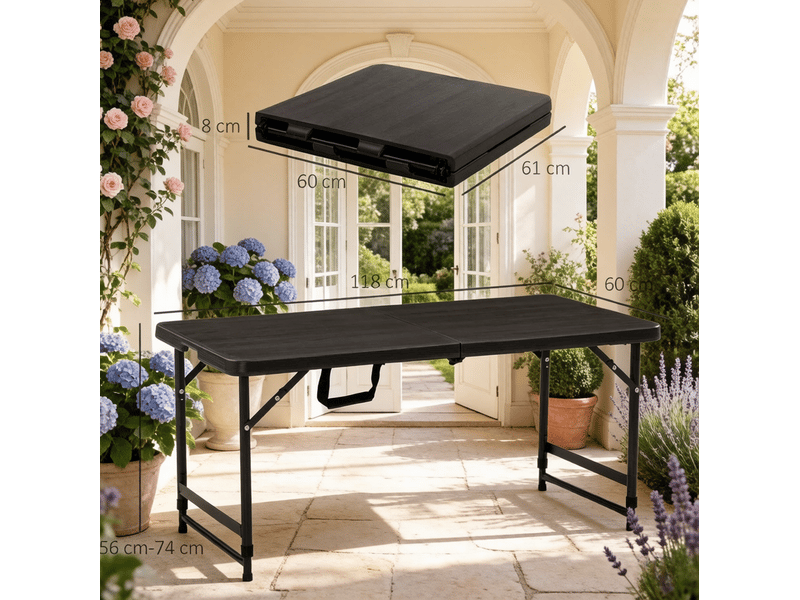  Table de jardin pliante réglable en hauteur avec poignée, 118 x 60 cm, gris foncé et noir  - Conforama C