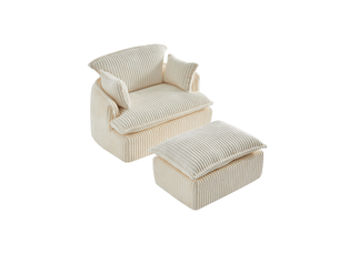 Canapé familial, avec fonction couchage, avec pouf, en flanelle, coloris beige, pour salon, assise confortable