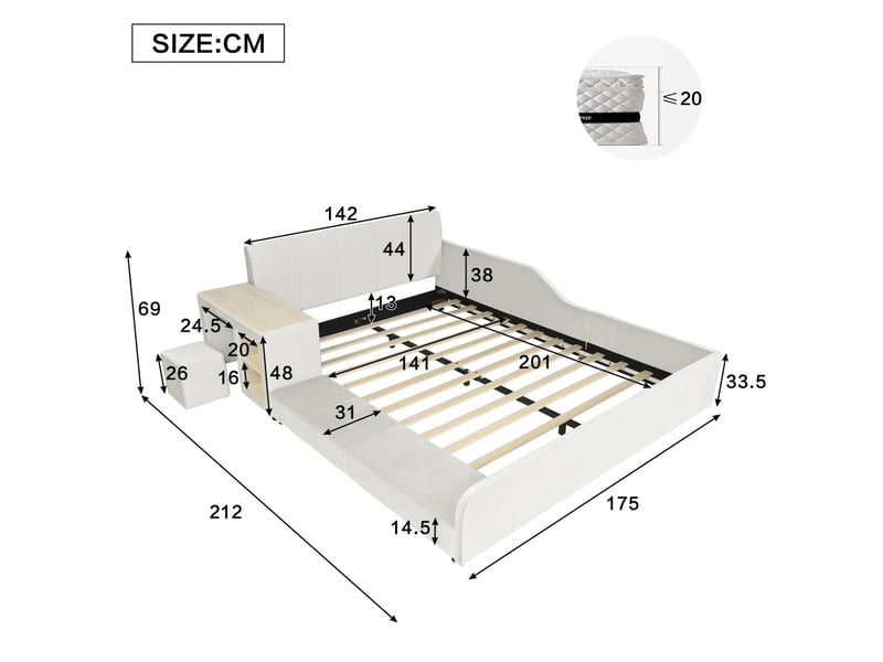 Lit enfant 140x200cm - avec bureau latéral, tabouret et étagères de rangement intégrés, tête de lit et rebords de sécurité – velours – blanc - Conforama C