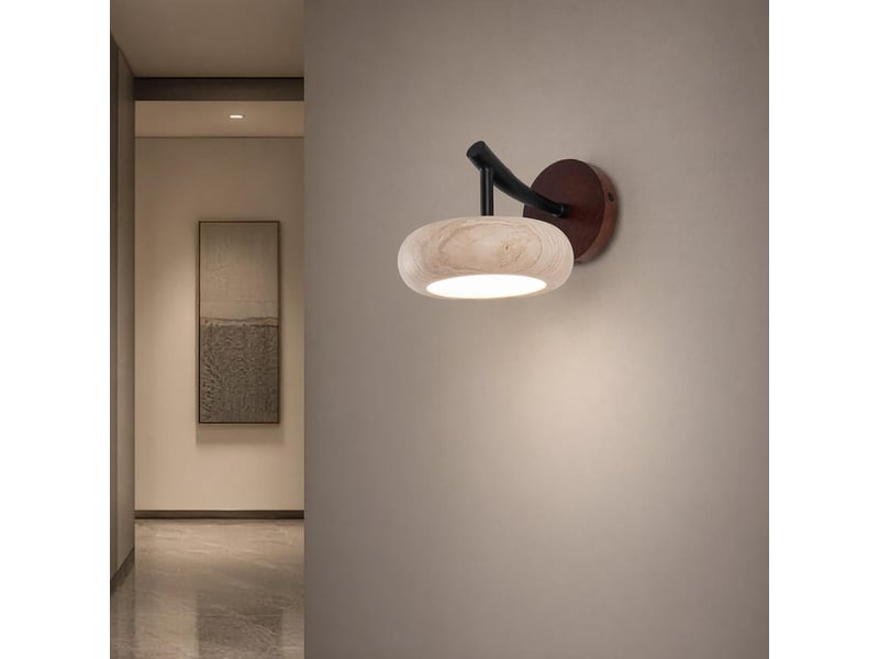  Applique murale pierre jaune travertin lampe murale pierre led lumiere base en noyer lumière chaude  - Conforama E