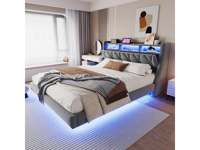  Lit double rembourrés 180x200 cm avec éclairage led, cadre de lit 2 personnes en gris, tête de lit rabattable avec prise électrique  - Conforama A