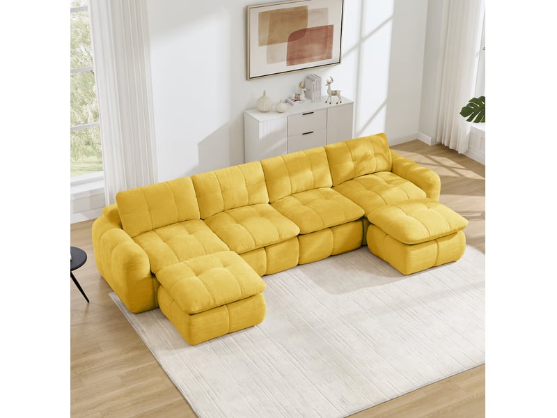  Canapé panoramique en u modulable 4 places avec 2 repose-pieds, sans cadre, en chenille jaune 334 × 160 × 68 cm  - Conforama D